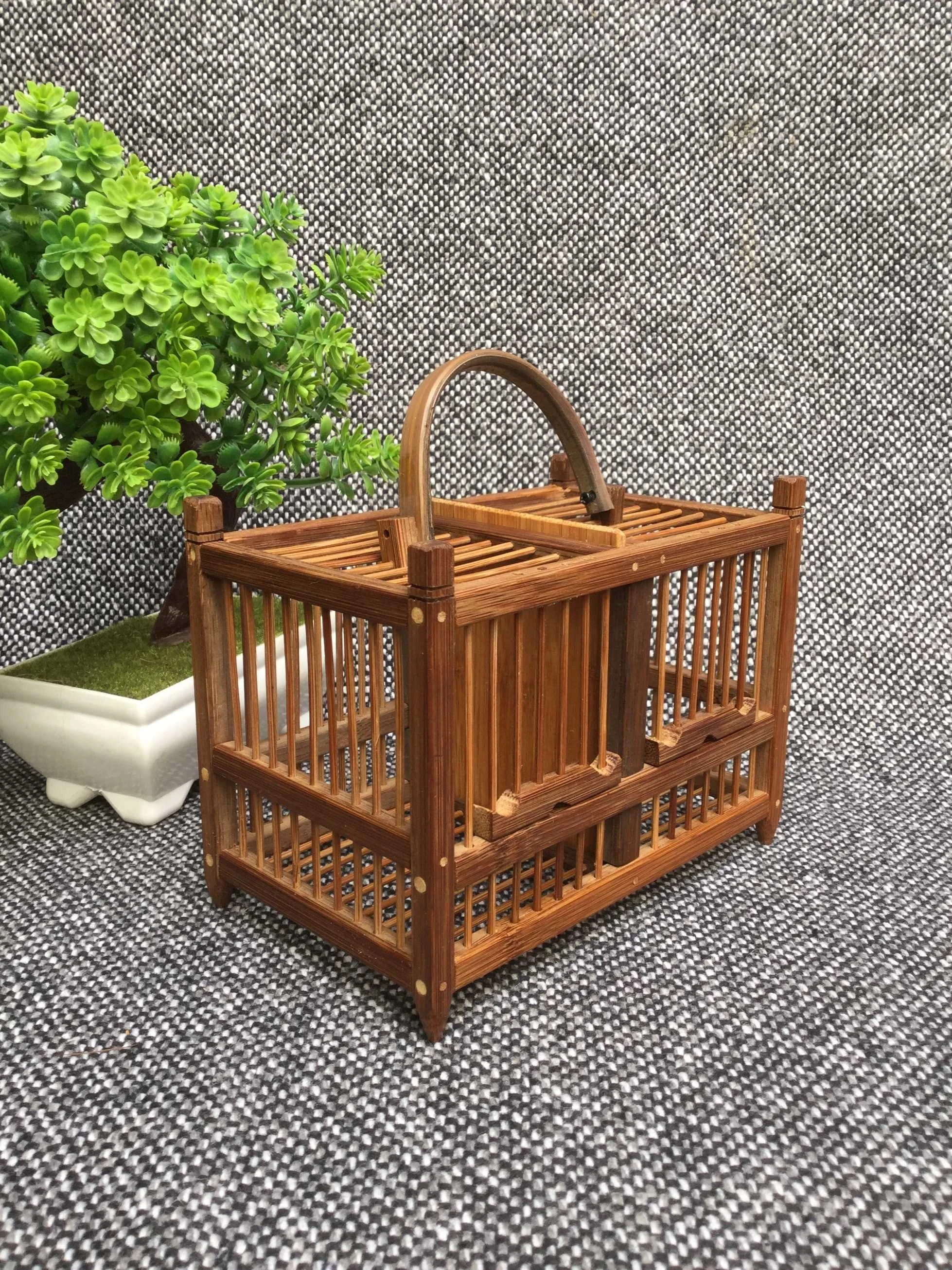 Classic Two- Lattice Pure Handmade Natural Bamboo Grasshopper Cage Insects Refined Old Children Gift