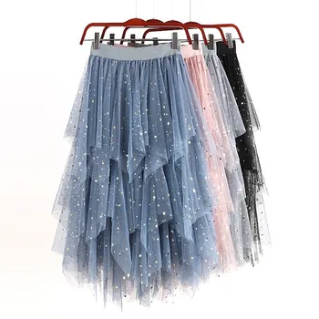 

Women Shining Skirts Elegant Vintage Pleated Skirts Summer High Waist Sequined Tulle Casual Loose Mesh Skirt Pettiskirt #T1P