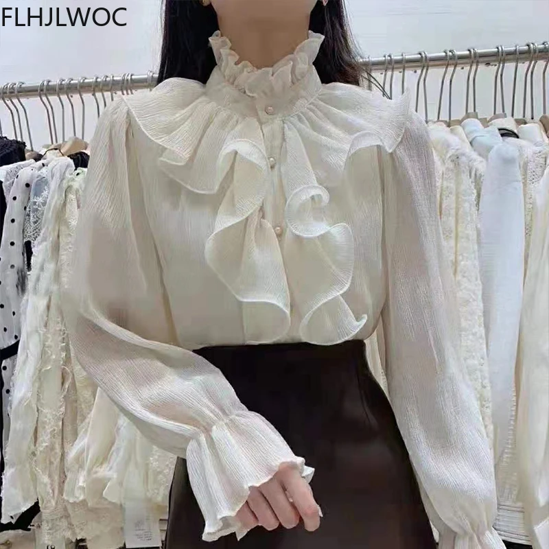 long sleeve tops 2021 Spring Autumn Basic Shirts Blouses Women Fashion Long Sleeve Elegant Office Lady Work Solid White Ruffled Chic Tops Blusas womens shirts and blouses
