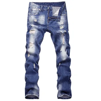 

2020 Men's New Jeans Youth Washed Casual Slim Straight Hole Denim Trousers