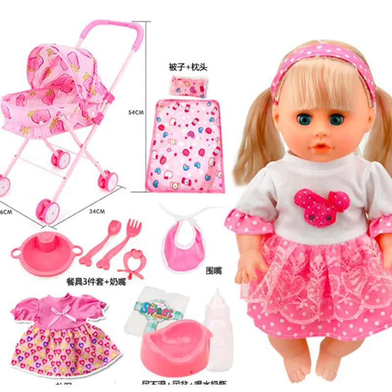 

32cm Blinking Feeding Drinking water pee talking doll with Trolley newborn bebe reborn silicone Reborn Baby Dolls girl gift