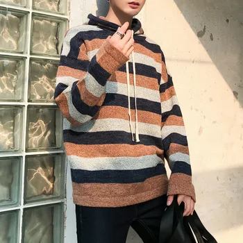 

Winter Hooded Sweater Men Warm Fashion Contrast Color Casual Knit Pullover Men Sweter Clothes Loose Striped Knitting Sweaters