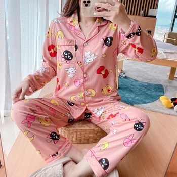 

Women's autumn and winter pajamas women's long sleeve Lapel cardigan pit bar set sweet and lovely home clothes