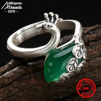 

S925 Fine Antique shop Rings Emerald Phenix Rings Luxury Taste Women Bird Vintage Natural Chalcedony moldavite peridot