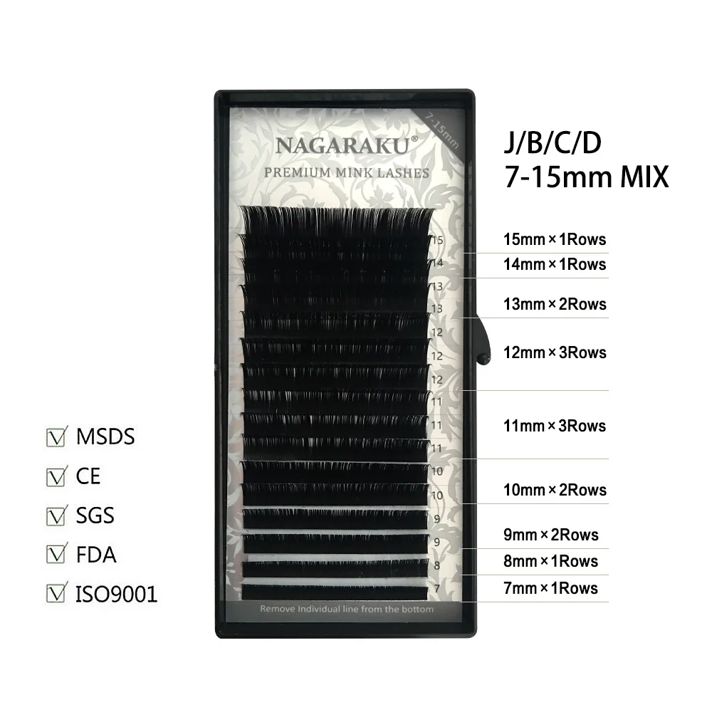 NAGARAKU 50 чехол 7~ 15 мм микс 16 рядов/Чехол естественно-Искусственная норка наращивание ресниц, ручная работа, натуральный длинный