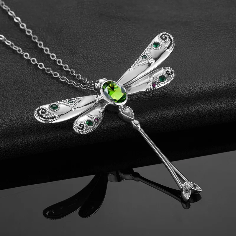 

925 Sterling Silver Pendant Women Small Cute Green Peridot Dragonfly Pendant August Birthstone Christmas Party Fine Jewelry New