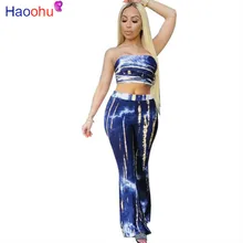 

Plus Size Tie-Dyeing Print Two Piece Suit Summer Tracksuit Off Shoulder Crop Top High Waist Bell Bottom Pant Vintage Sweatsuits
