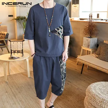 

INCERUN Chinese Style Men Sets Printed Patchwork Half Sleeve O Neck Shirt & Pants Cotton Casual Vintage 2020 Streetwear Men Suit