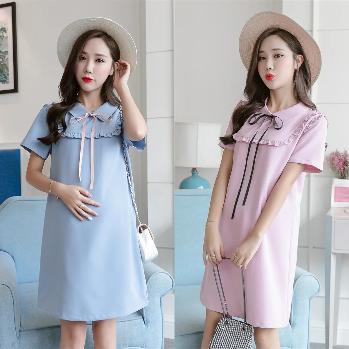 

Maternity Clothes 2019 Summer New Style Korean-style Slimming Peter Pan Collar Bow Loose Fashion Large Size Pregnant Women Dress