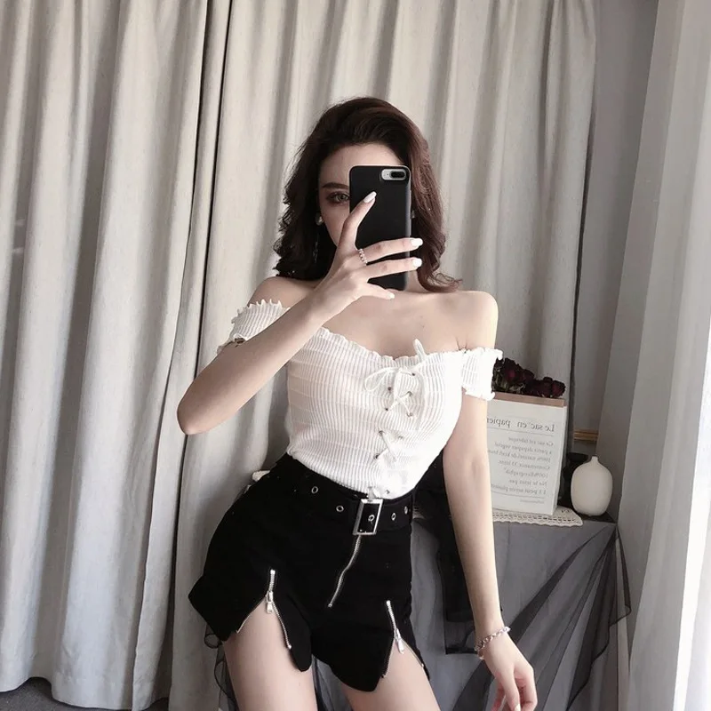 

Online Celebrity Two-Piece Set Pants Women's 2019 Summer New Style Korean-style Frilled off-Shoulder Tops High-waisted Denim Sho