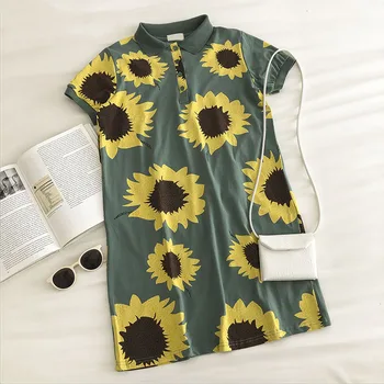 

Summer Casual Short Sleeve Blouse Cotton Floral Button Dress Turn Down Collar Knee Dresses Vintage Sunflower Printed Vestidos