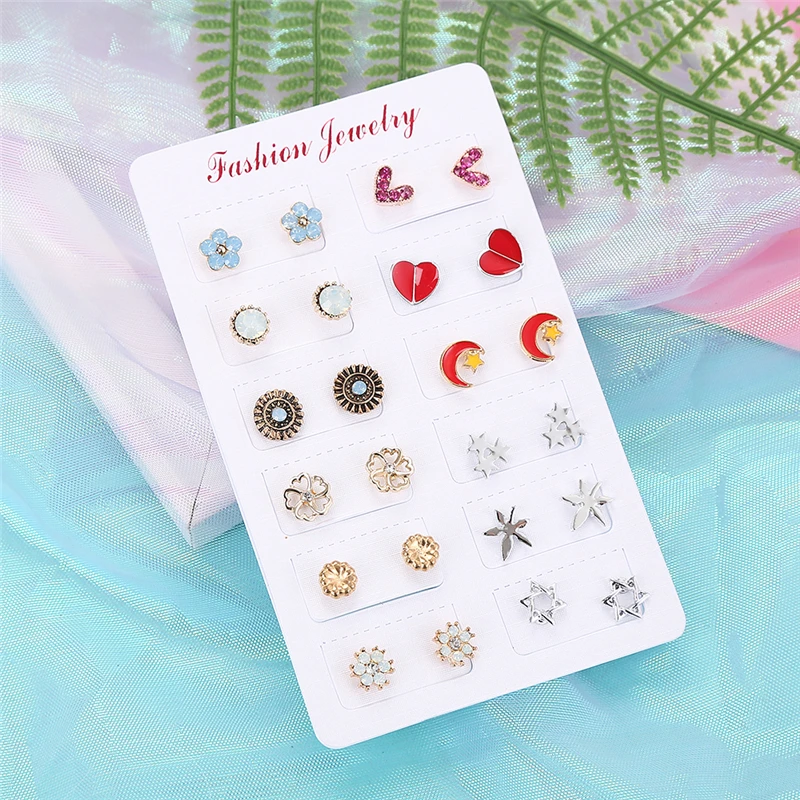 

12Pairs/lot Multi-style Colorful Animal Star Moon Flower Geometric Crystal Stud Earrings Set for Women Girls Fashion Jewelry
