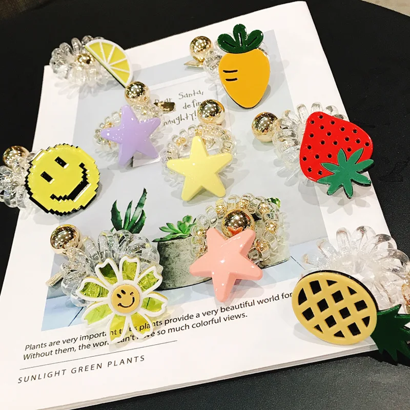 

Resin Star Smile Pineapple Lemon Fruit Elastic Hair Bands for Women Girls Clear Telephone Line Hair Rope Hair Accessories