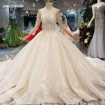 شراءLSS148 ساحة الرقبة لامعة فستان الزفاف الفاخرة طويلة تول كم مفتوح الخامس الخلفي ضوء الشمبانيا ثوب زفاف Nikah Elbisesi