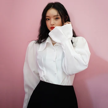 

Korean 2020 Spring and Summer Elegant Women Shirts Office Lady Shirts Solid Color Flounced Sleeves Shirts Butterfly Sleeve