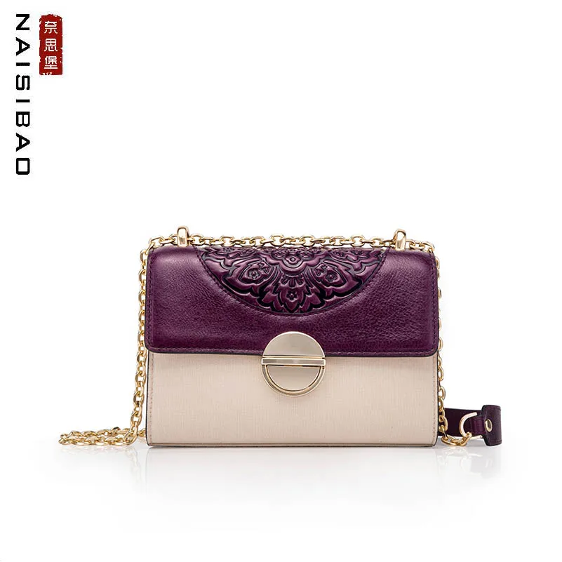 

NAISIBAO 2019 new Vintage canvas bag leather and cotton and linen stitching tote bag Messenger bag female embossed shoulder bag