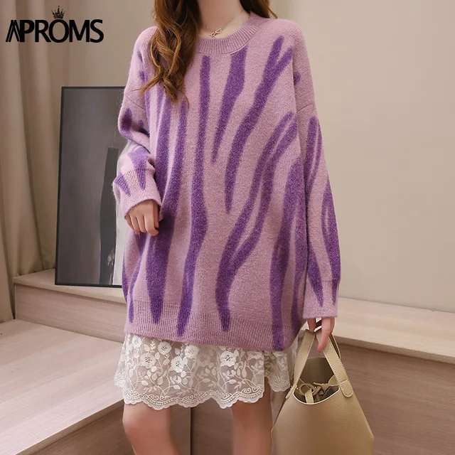 Aproms Elegant Green Striped Print Oversized Pullovers Women Winter O-Neck Loose Long Sweaters Streetwear Warm Outerwear 2021 New Purple