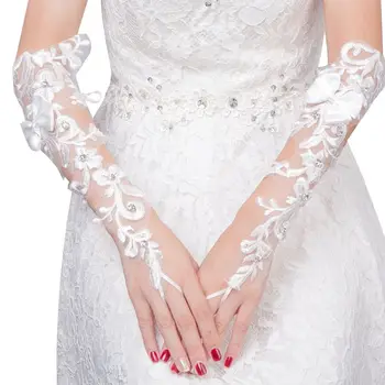 

Wedding Bride Embroidery Floral Lace Fingerless Gloves Luxury Glitter Rhinestone Satin Bowknot Decor Sunscreen Mittens
