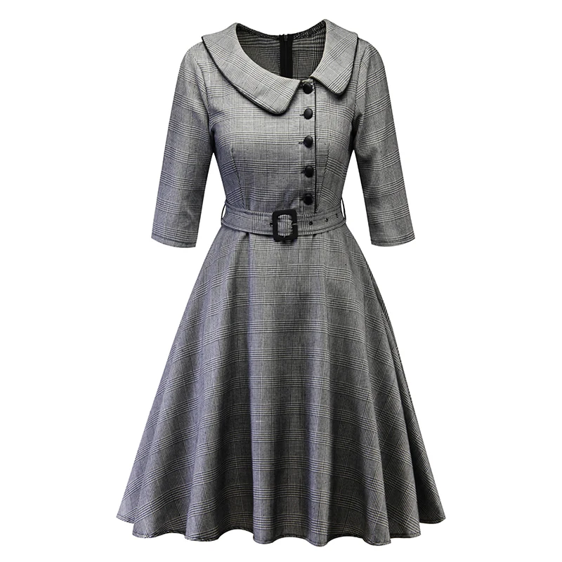 OTEN женские 1940s винтажные модные пуговицы 3/4 рукав пуговицы клетчатые трапециевидные одежда для работы Вечерние платья с поясом - Цвет: Grey