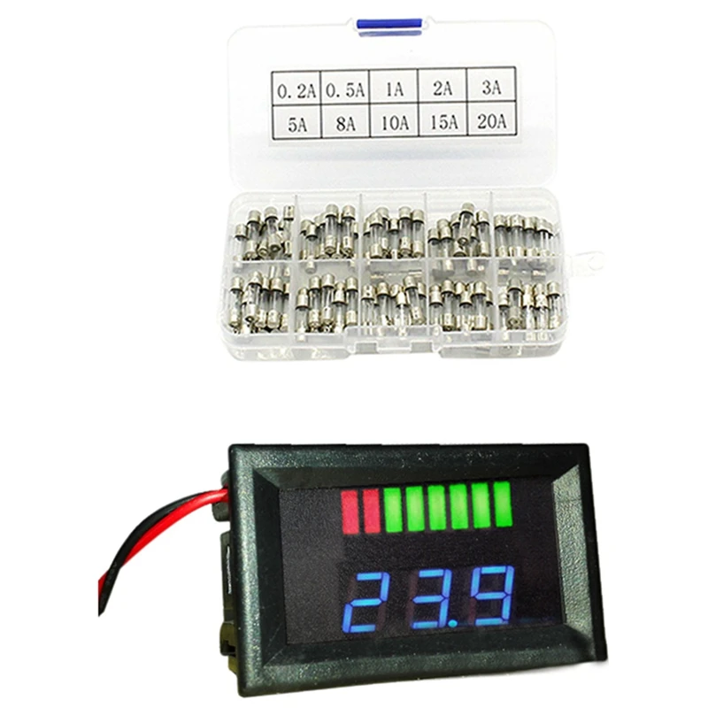 

1Pcs 12V Acid Lead Battery Capacity Indicator Charge Level Led Tester & 100Pcs Quick Blow Glass Tube Fuse Kits