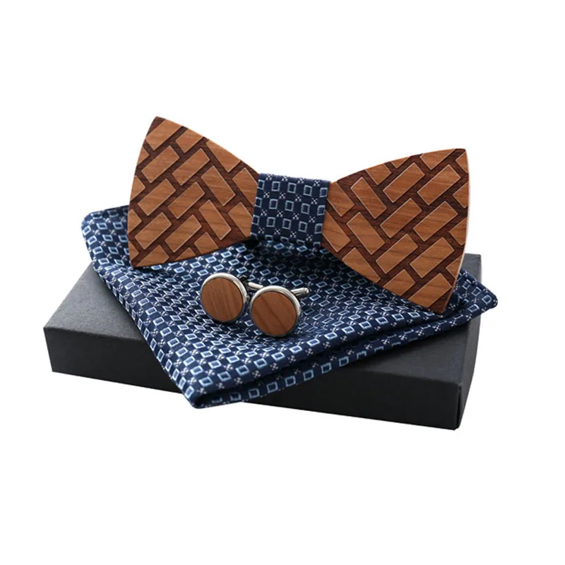 3PCS Bowtie Set Элегантный мужской свадебный плед полосатый деревянный галстук-бабочка запонки набор деревянный цветок булавки броши платок Карманный квадратный галстук-бабочка - Цвет: 3PCS Bowtie Set