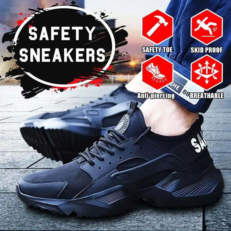 AtreGo Men Safety Shoes Steel Toe Cap Work Protective Trainers Anti-Smash Steel Toe Non-Slip Lightweight Fabric Hiking Shoes