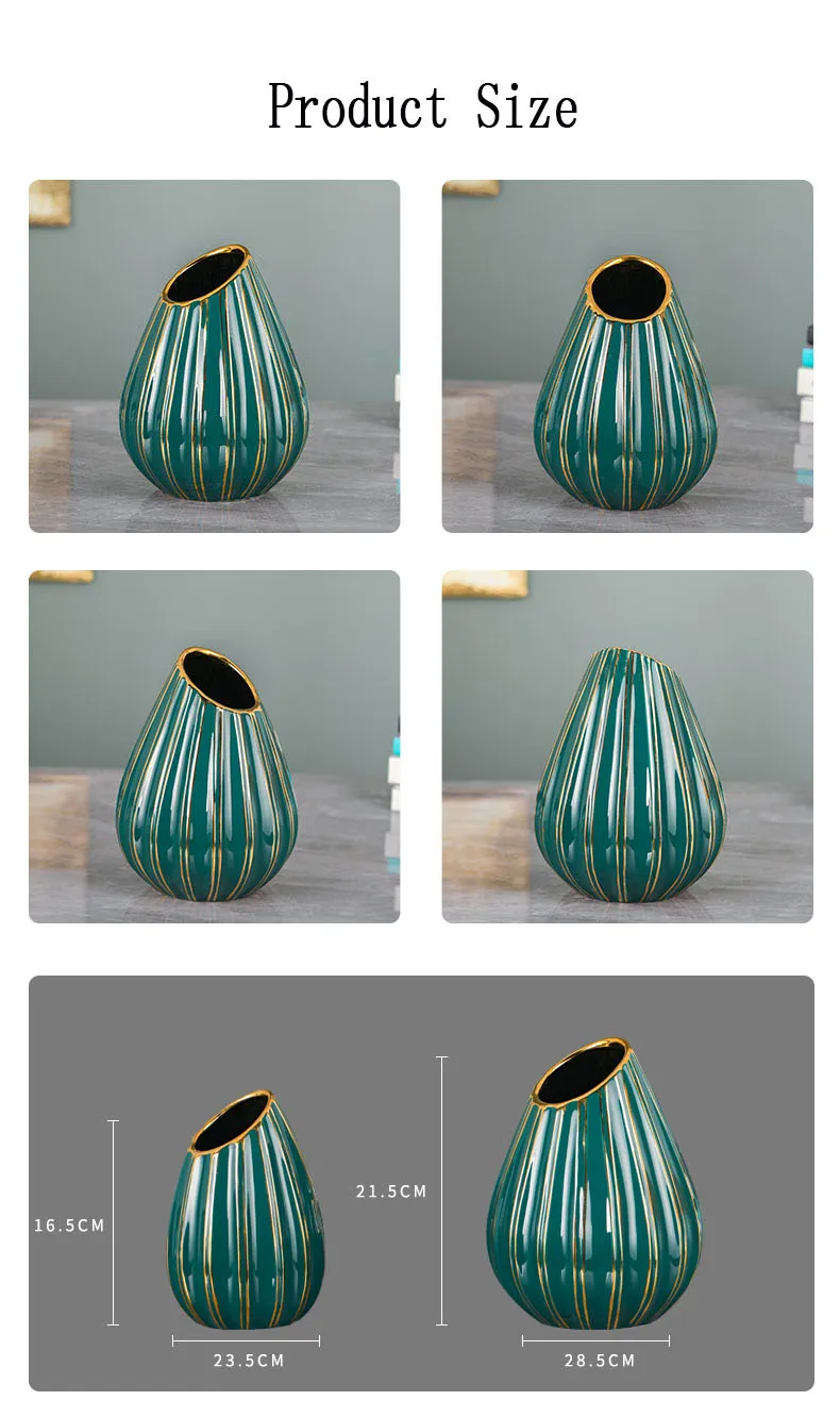 Ceramic Vase Decoration Emerald Golden Grain Road Oblique Mouth Artificial Flower Arrangement Ornament Home Furnishings