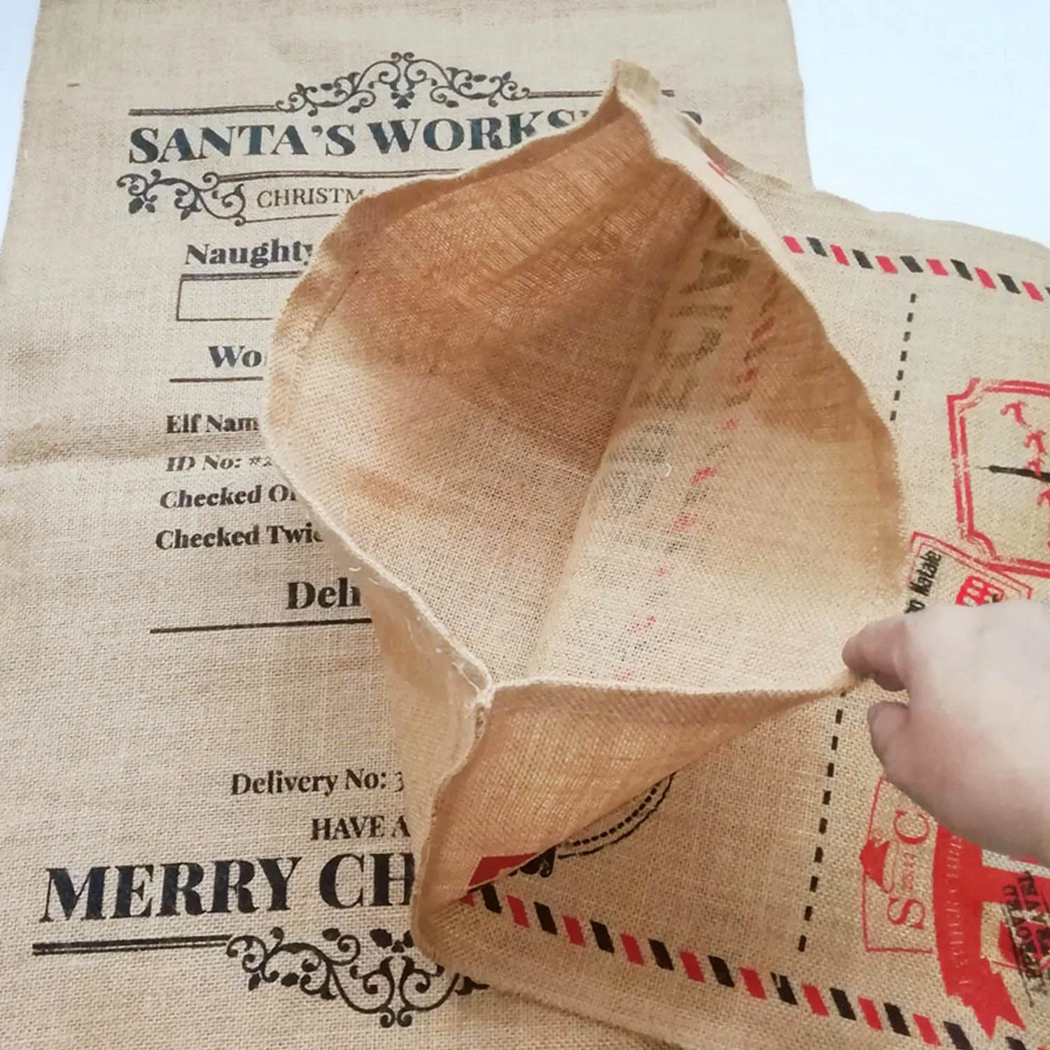 Behogar Merry Christmas Santa Sacks Large Goodie Burlap Bag with Drawstring Closure for Xmas Party Favors Gifts Random Style