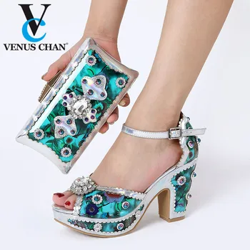 

Silver 2020 Women Summer Shoes African Wedding Shoe and Bag Set Italian Shoes with Matching Bags Set Decorated with Rhinestone