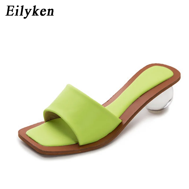 Eilyken Square head Pinch flip flops Crystal transparent Ball Low Heel Clear Women slippers Slides Fashion Design Green Size 43 - Цвет: Green