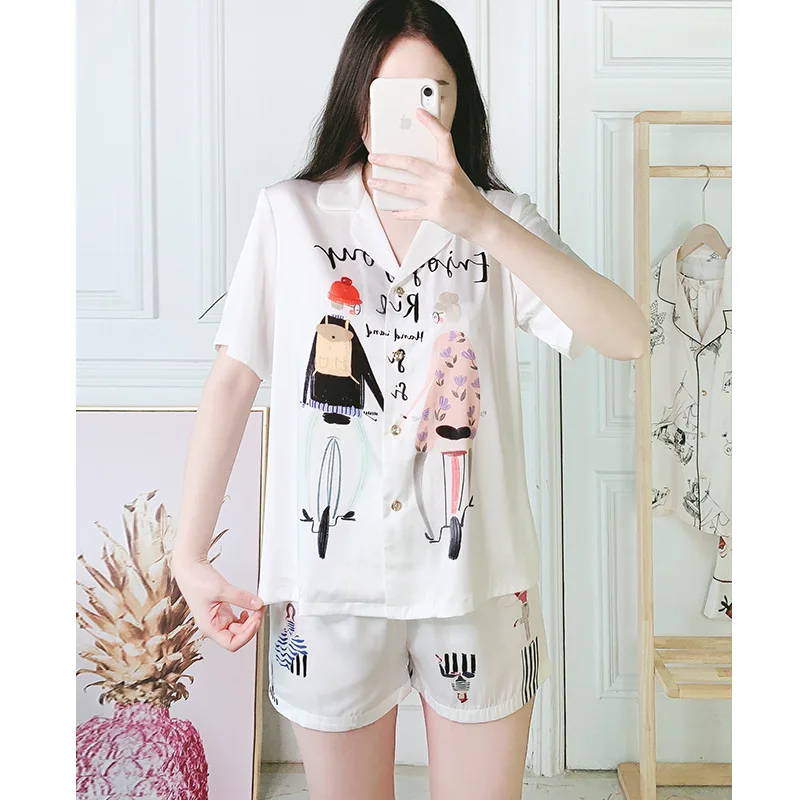 

Summer Short-sleeved Women's Pajamas Ins Wind Cute Cartoon Women's Silk Loose Home Service Suit Satin Plus Size Women's Pajamas