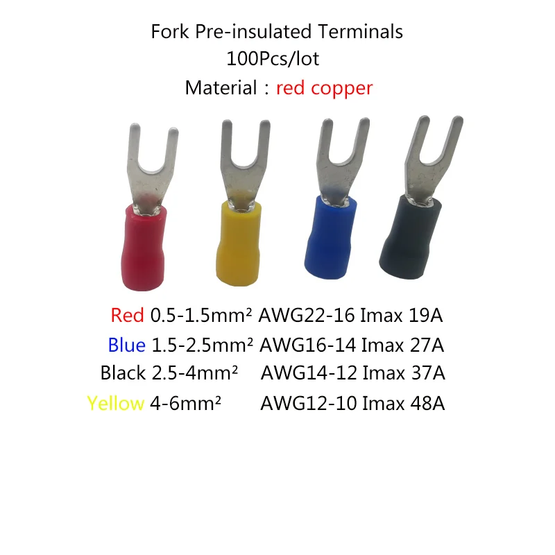 100 шт. Вилка предварительно изолированные клеммы вилка типа холодного отжима 0,5-1,5 мм 2 1,5-2,5 мм 2-4 мм² 4-6 мм 2 красная медь обжима