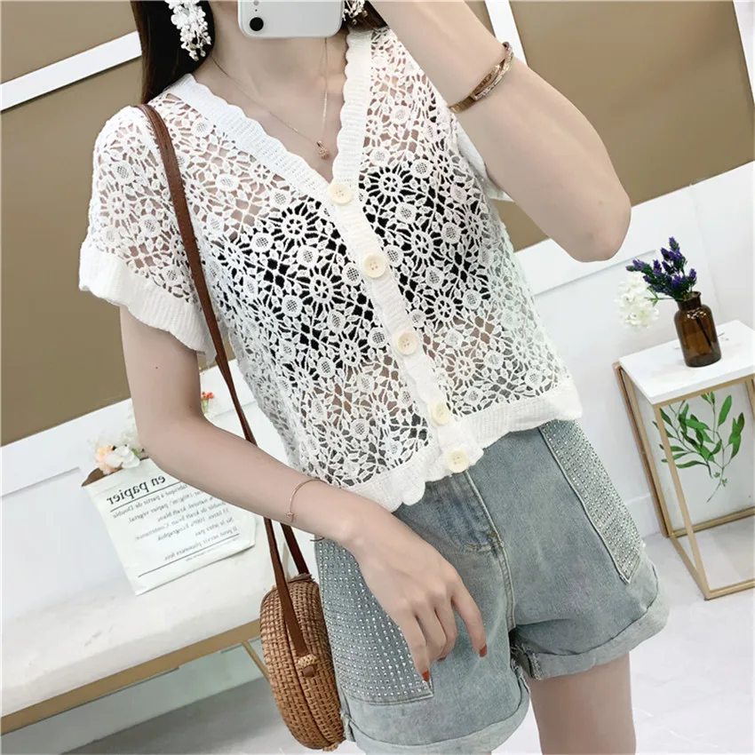 

2022 Summer Lace Blouse Shirt French Style Elegant Shirts Hollow Out Crochet Crop Top Women Short Sleeve Knitted Cardigan Mujer