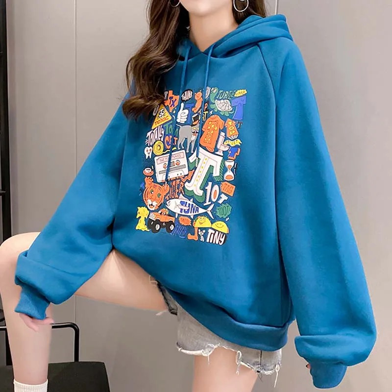 

Winter Thick Hooides Women Casual Cartoons Print Pullover Pock Oversized Sweatshirt Kpop Cute Kawaii Tops Yellow Pink Clothes