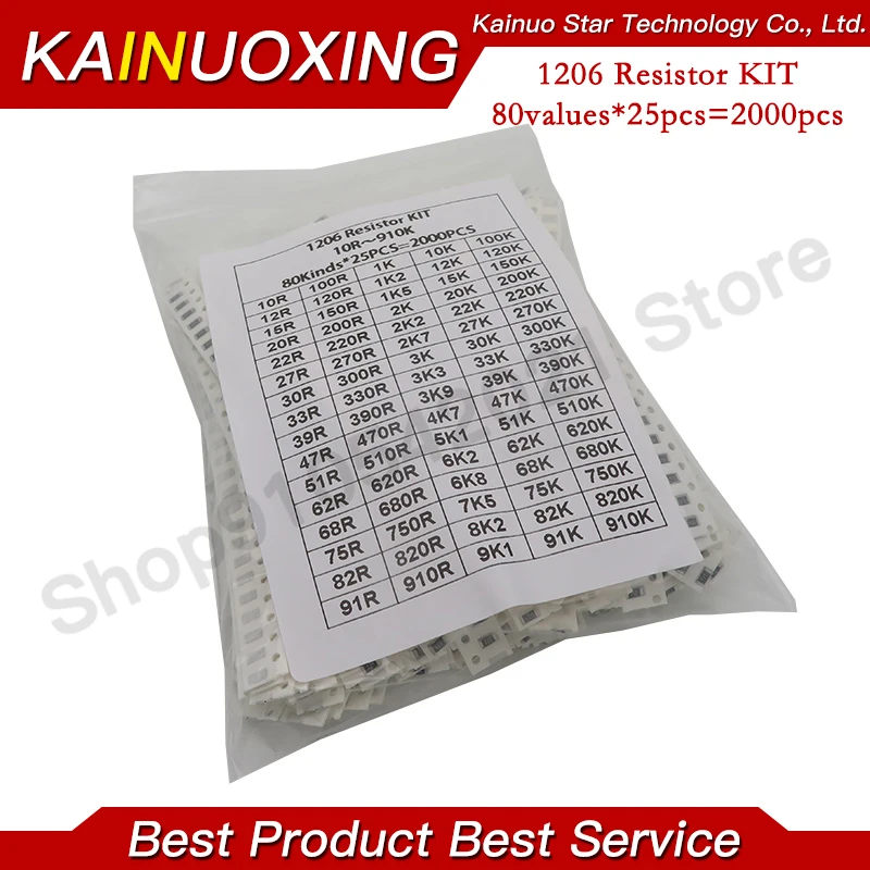 1206 SMD Resistor Kit Assorted Kit 1ohm-1M ohm 5% 80valuesX 25pcs=2000pcs Sample 2000pcs