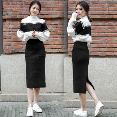 

2019 Autumn Casual Winter White Pullover Turtleneck Knit Sweater Suit Set + Black Elasticity Skirt Two Piece Set 2 Piece Dr749