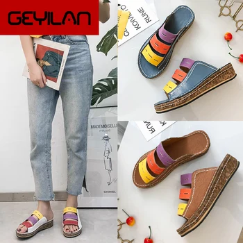 

SEGGNICE Women's Sandals Platform Color Mixing Leather Shoes for 2019 Summer Women Flat Beach Sandals Ladies Casual Female
