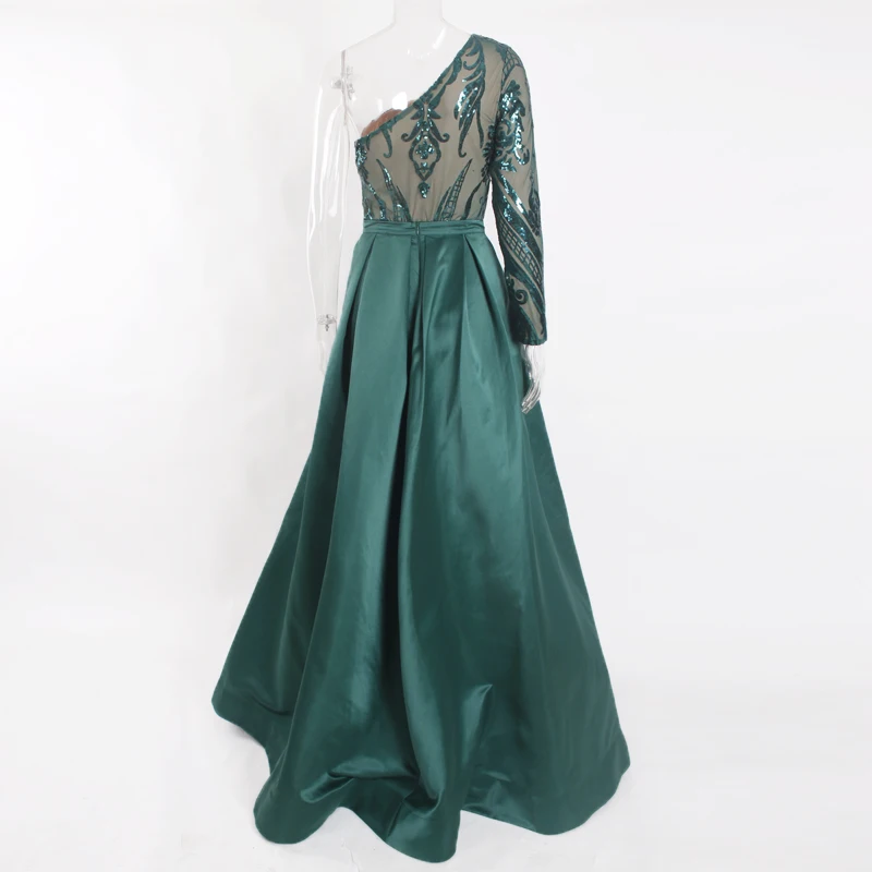 Зеленое Платье макси с блестками на одно плечо, длинное вечернее бальное платье с одним рукавом, длинное платье в пол, Осень-зима