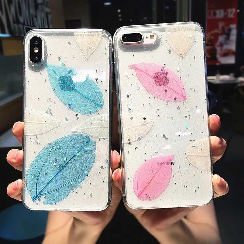 

Glitter Leaf stars transparent Case For iPhone XR X XS XS Max 8 7 6 6s Plus Real leaves Soft Silicone Full Body Shockproof Cover