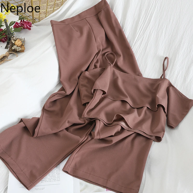

Neploe2020 Women 2 Pieces Set Solid Slash Neck Sleeveless Camis+ Stretch High Waist Wide Leg Female Pants Fashion Suits 1A1112