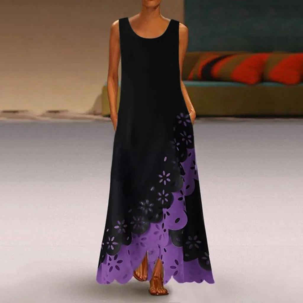 

Feitong Loose Party Women Dress Sleeveless Print Round Neck Long Maxi Sundress Bohemia Beach Pocket Shirt Vestido De Festa Longo