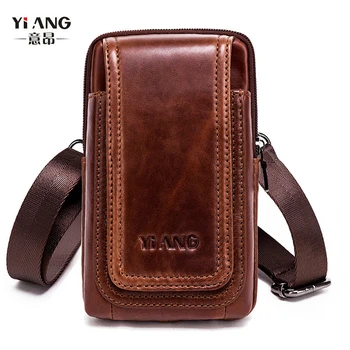 

YI'ANG Brand Genuine Leather Shoulder Messenger Bag Men's Waist Belt Cross Pack Purse Cell Mobile Phone Pouch Case For Ipone