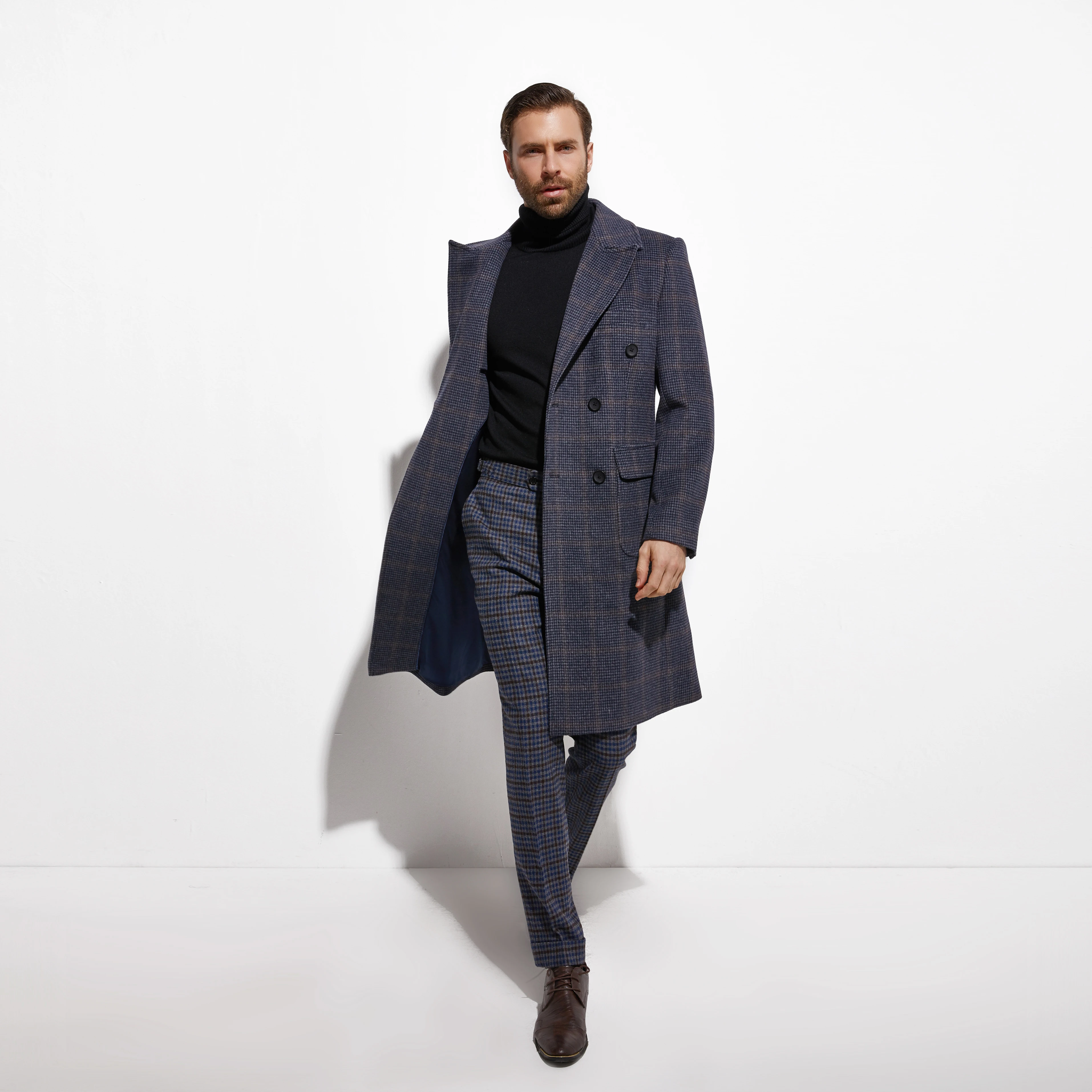 Winter Topcoat Double Breasted Navy Windowpane Long Coats Man Custom Made Heavy Warm Wool Blend Tailored Slim Long Jacket Autumn