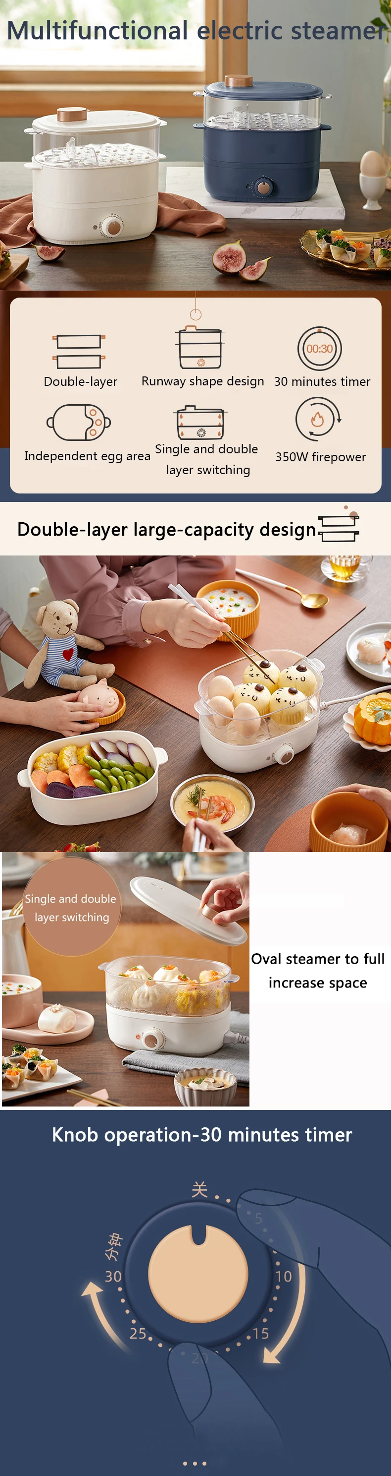DMWD 2 L Household Egg Cooker Double Layer Steamed Egg Timer boiler Steamer Breakfast Machine Automatic Power Off