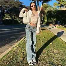 Women's Light Blue Loose Denim Pants with Fashion Pocket Streetwear High Waist Vintage Straight Pants