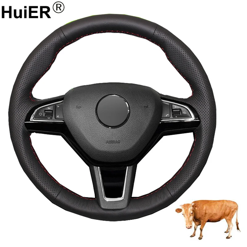 

Hand Sewing Car Steering Wheel Cover Cow Leather For Skoda Octavia Citigo 2013-2019 Fabia 2013 -2019 Karoq 2017 - 2019 Yeti 2014