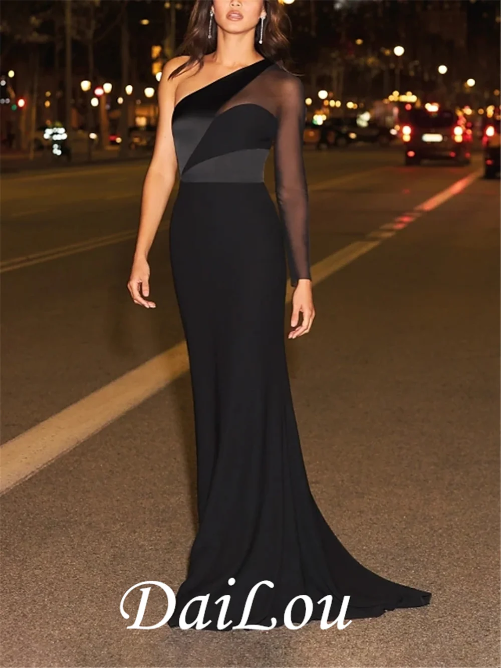 

Sheath/Column Color Block Elegant Engagement Formal Evening Dress One Shoulder Long Sleeve Sweep/Brush Train Chiffon with Sleek
