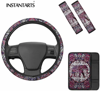 

INSTANTARTS Full Set Elephant Mandala Boho Car Armrest Seat Box Cover Protector Elastic Steering Wheel Cover Car Truck Universal