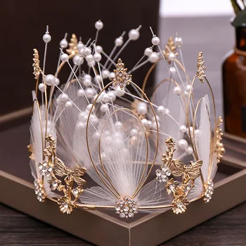 

FORSEVEN Exquisite White Feather Alloy Crown Earrings Bridal Jewelry Sets Luxury Imitation Pearl Bride Headwear JL
