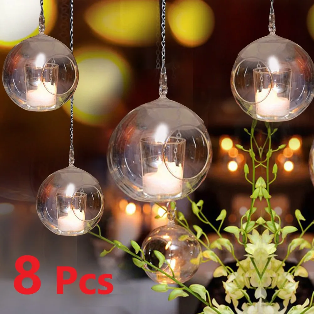8Pcs 6/8cm Glass Candle Holder Hanging Tealight 6/8/10/12cm Globes Terrarium Wedding Candle Candlestick Vase Home Bar Decor